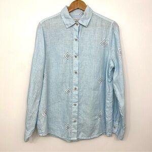Haris Cotton Linen Shirt Blue Button Front Embroidered Women’s M